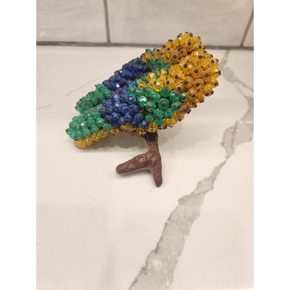 Vintage Pair Of Yellow Green Blue Parrots Birds‎ Sitting On A Plastic Log Perch